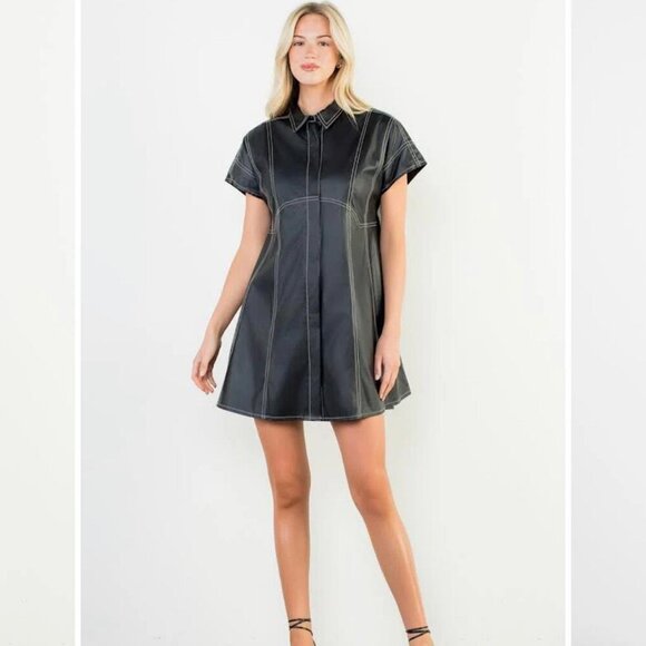 THML Dresses & Skirts - THML Black Faux Leather Mini Dress with Contrast Stitching – Size M